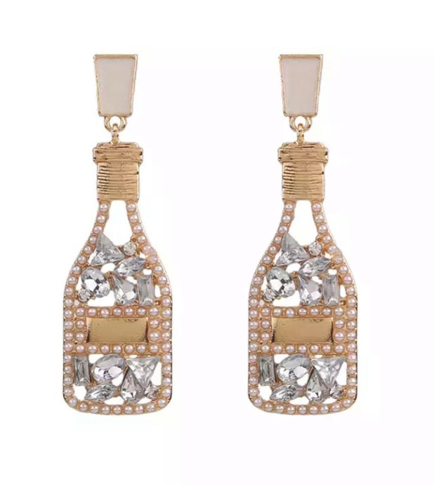 CHAMPAGNE BOTTLE RHINESTONE EARRINGS - GOLD & SILVER