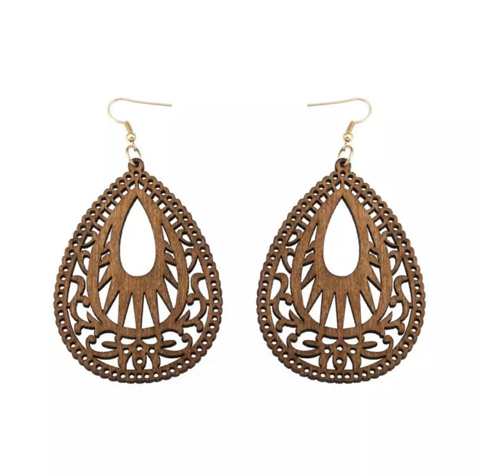 BROWN WATER DROP WOODEN CARVED EARRINGS