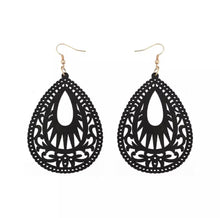 Load image into Gallery viewer, BLACK WATER DROP WOODEN CARVED EARRINGS